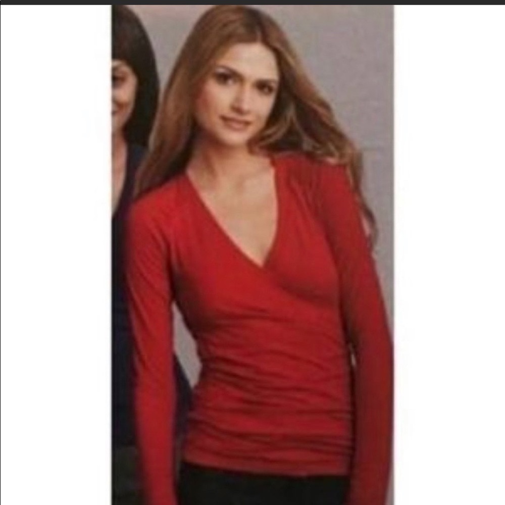 CAbi Cranberry Faux Wrap Long-Sleeve Top #576 Sz S